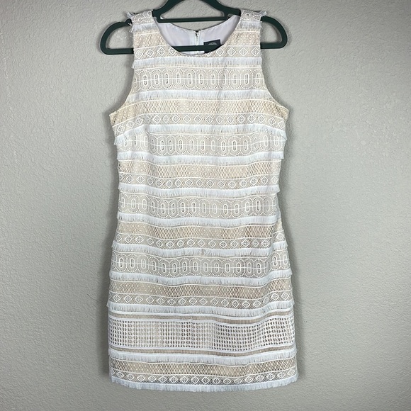 Vince Camuto Ivory Cream Lace Fringe Sheath Dress Sleeveless Career Sz 6 - Picture 2 of 14